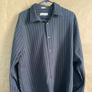 Calvin Klein Blue & Black Striped Button up Long-sleeved Shirt, Men's Size XL